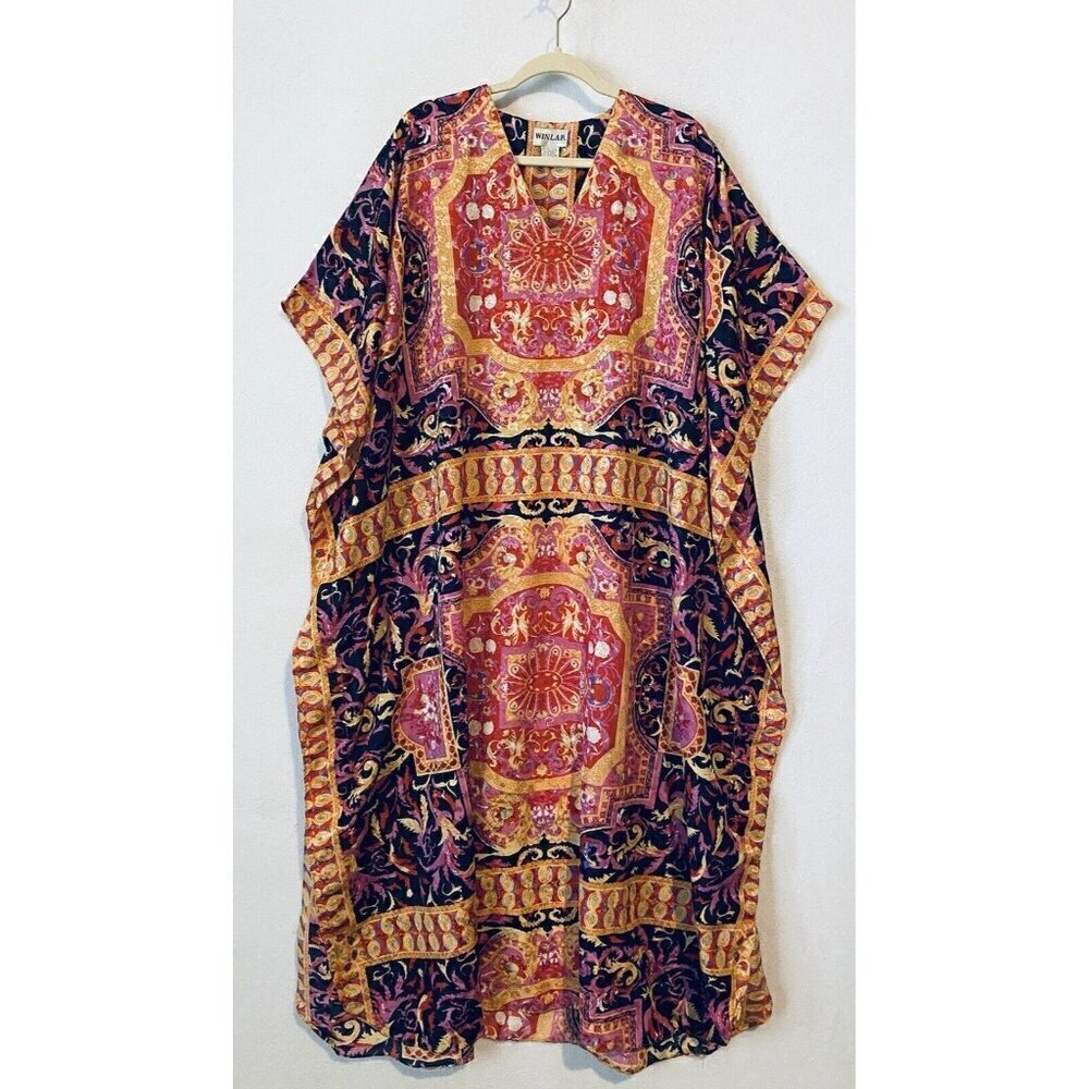Winlar Kaftan Womens One Size Vibrant Boho Print V Neck Artsy Flowy Maxi Silky